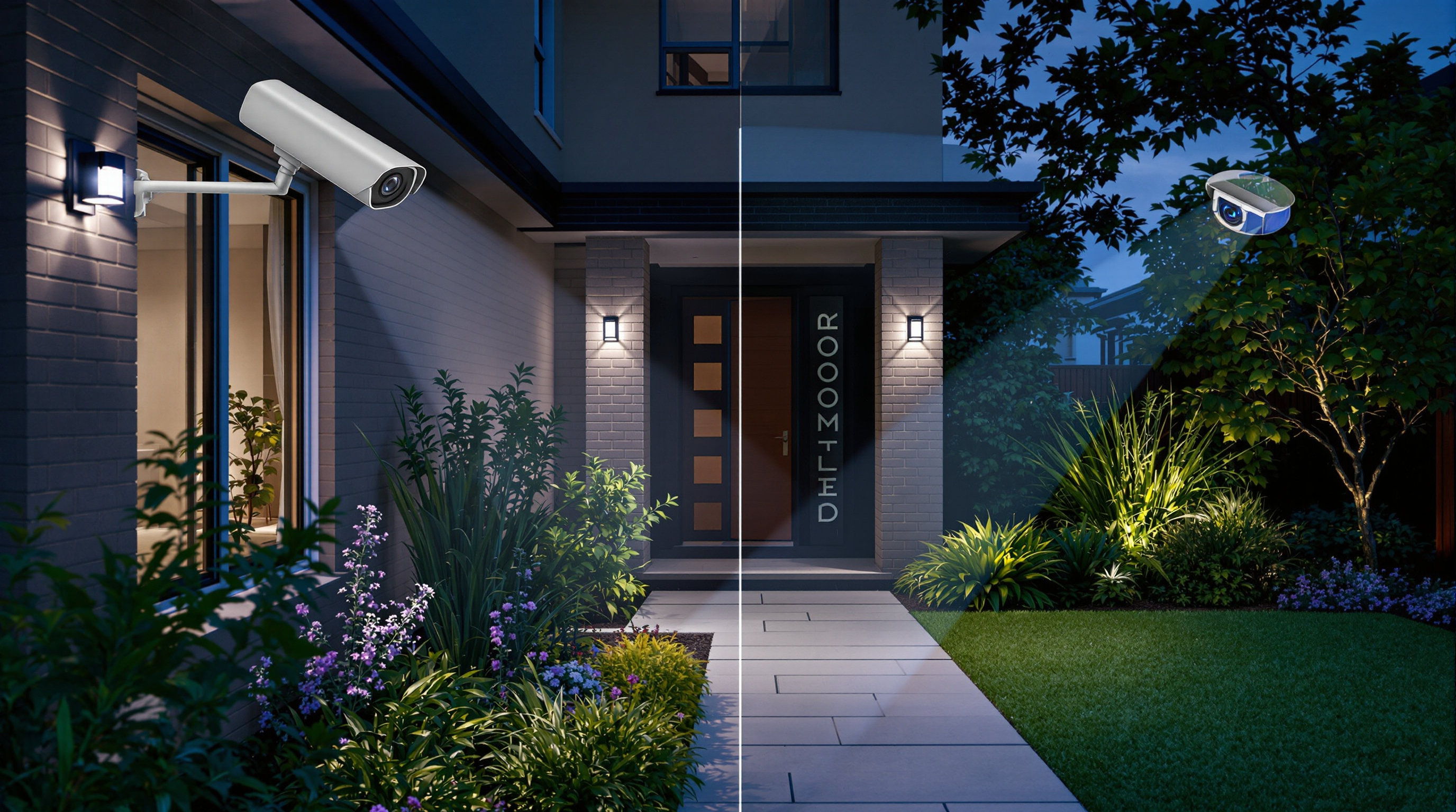 Security cameras with night vision showing home garden during nighttime