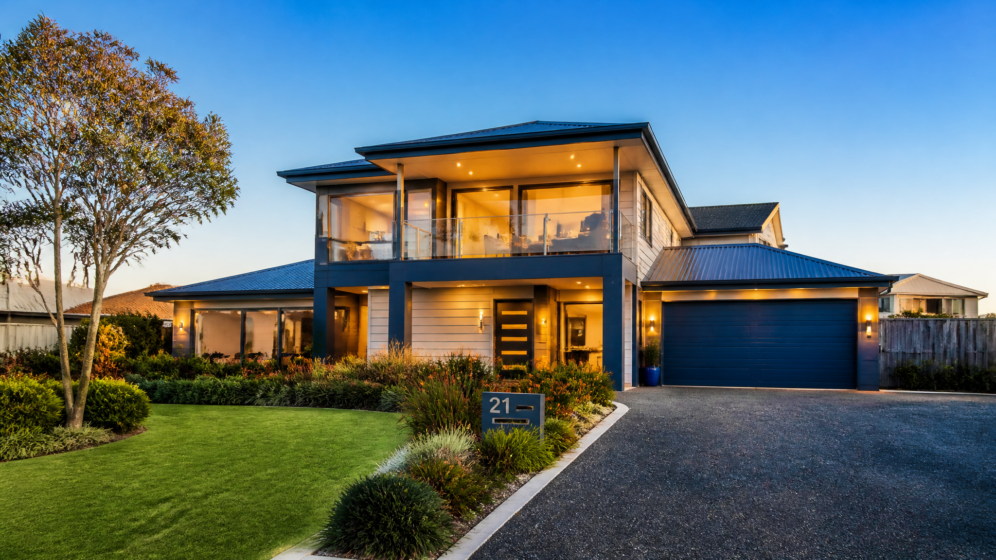 Modern Tasmanian home exterior at golden hour