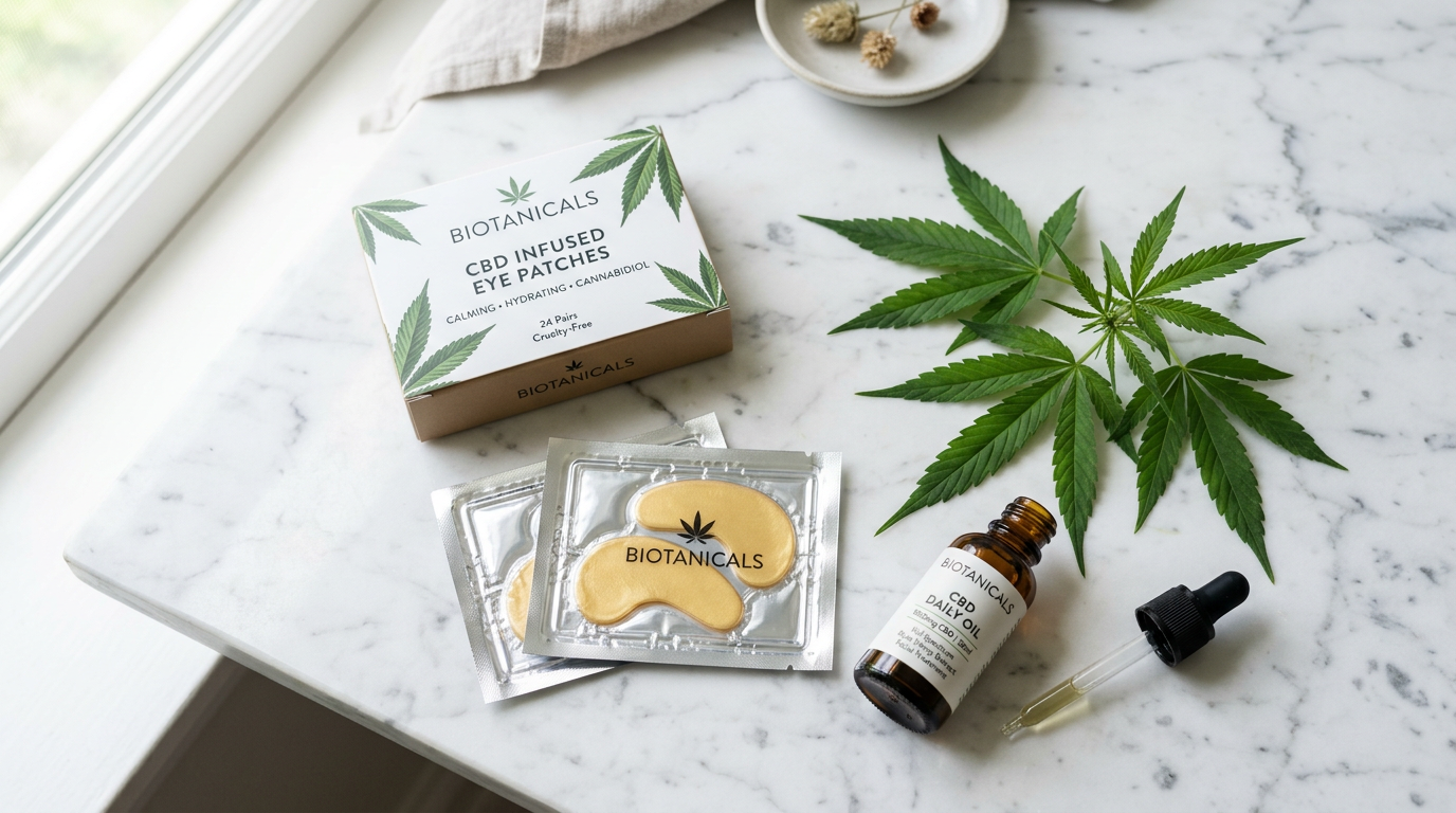CBD eye patches displayed on marble surface with hemp leaves and CBD oil dropper