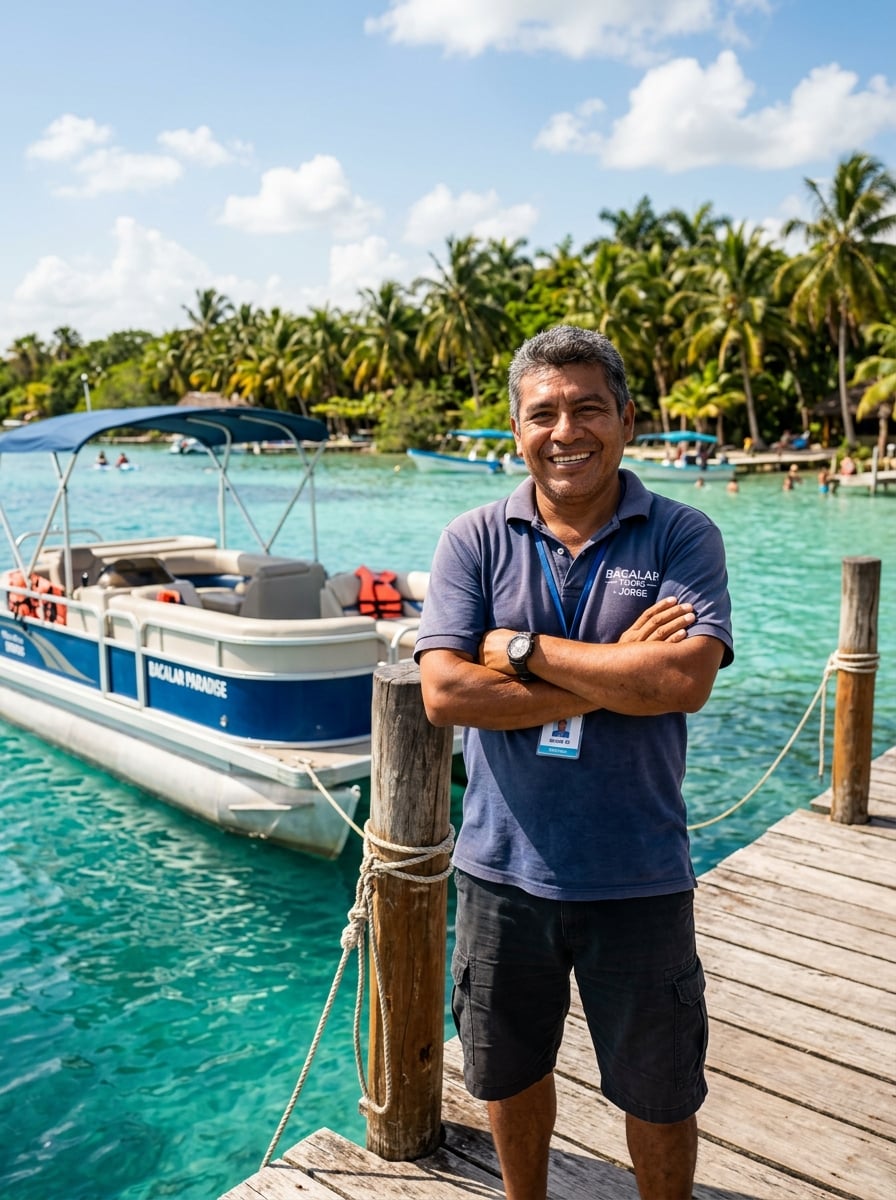 Captain Miguel standing near his pontoon boat at the Bacalar dock