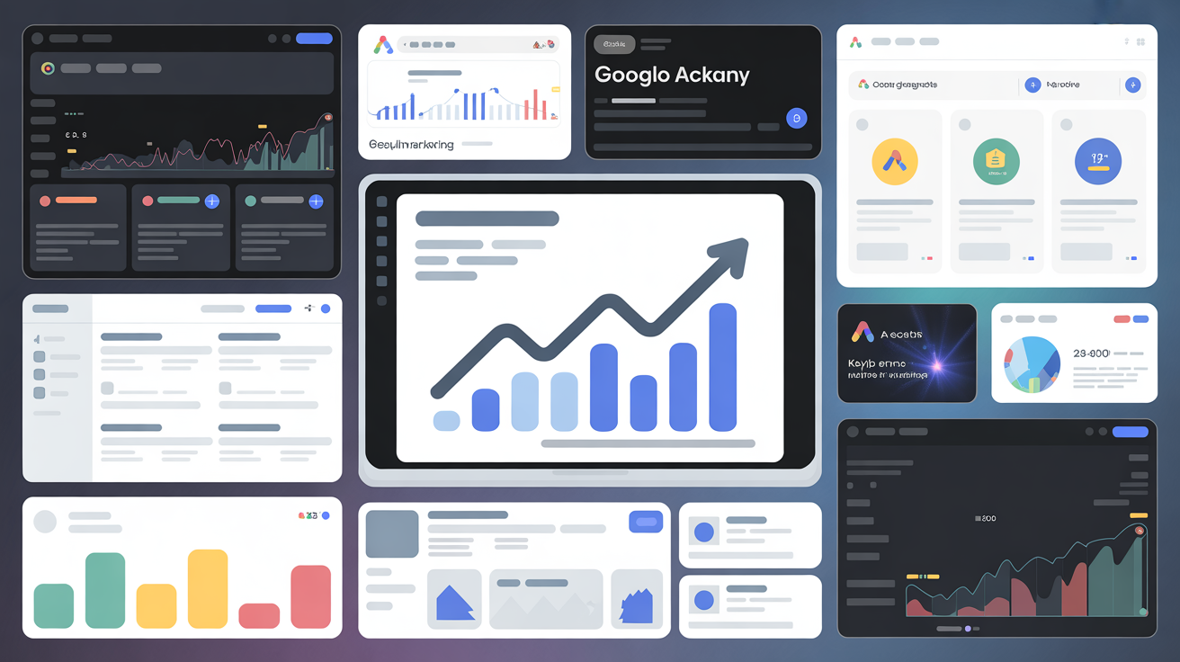 Professional digital marketing workspace with modern technology and data analytics visualization