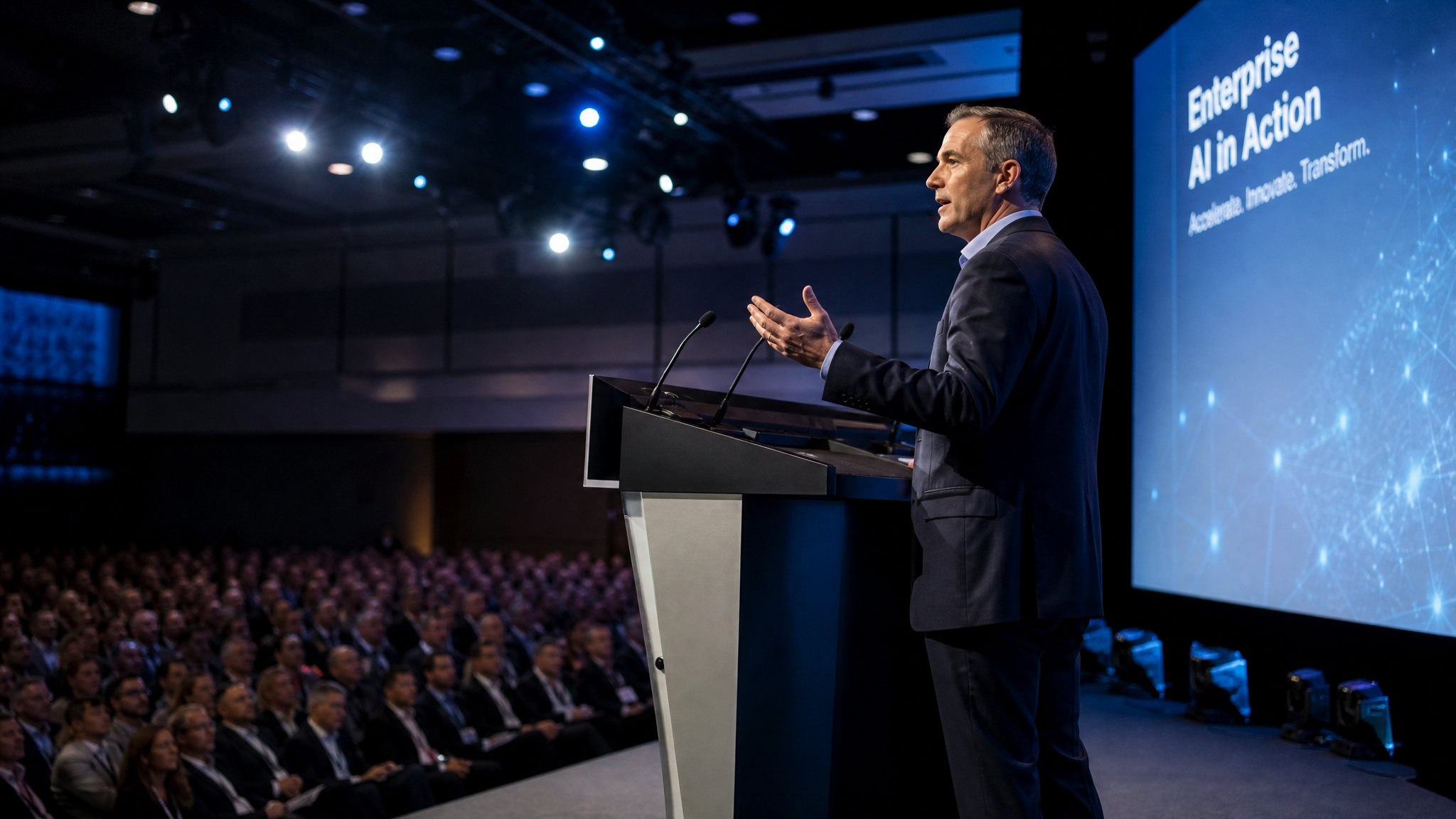 Keynote speaker on stage at a business conference