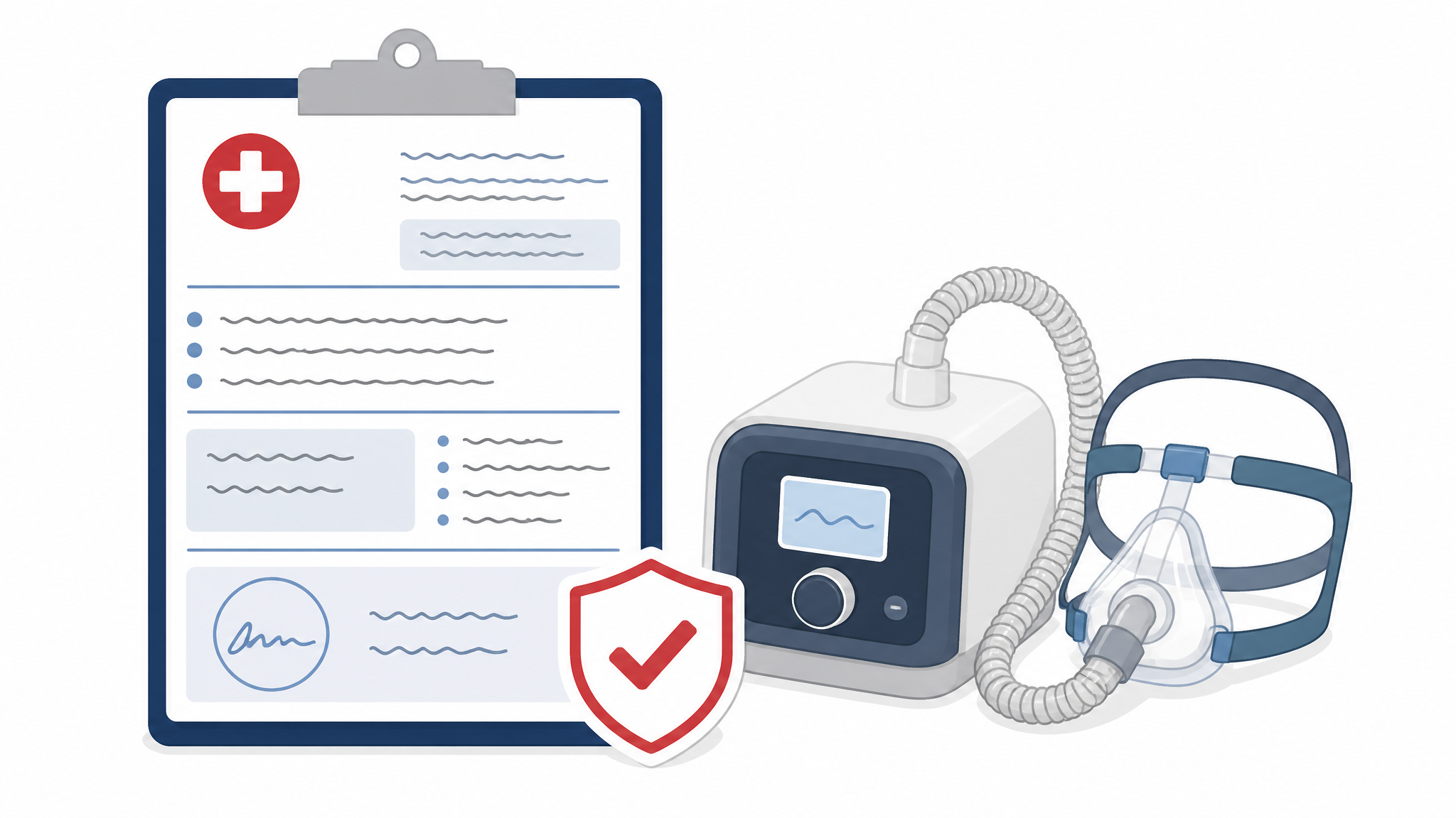 Medical illustration of a clinical questionnaire clipboard beside a CPAP device, representing the Epworth Sleepiness Scale assessment
