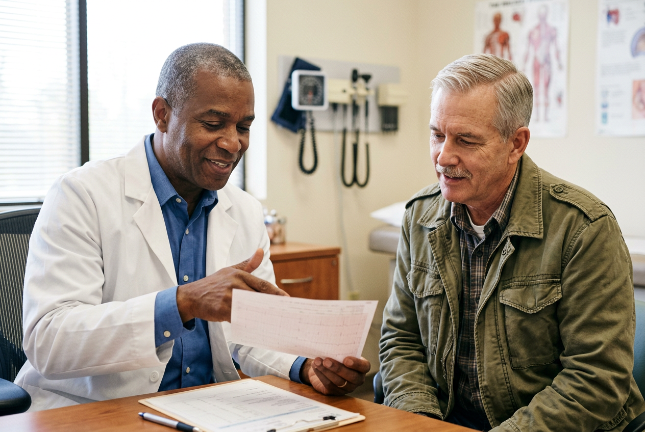 A doctor reviewing a diagnosis with a military veteran patient in a clinic