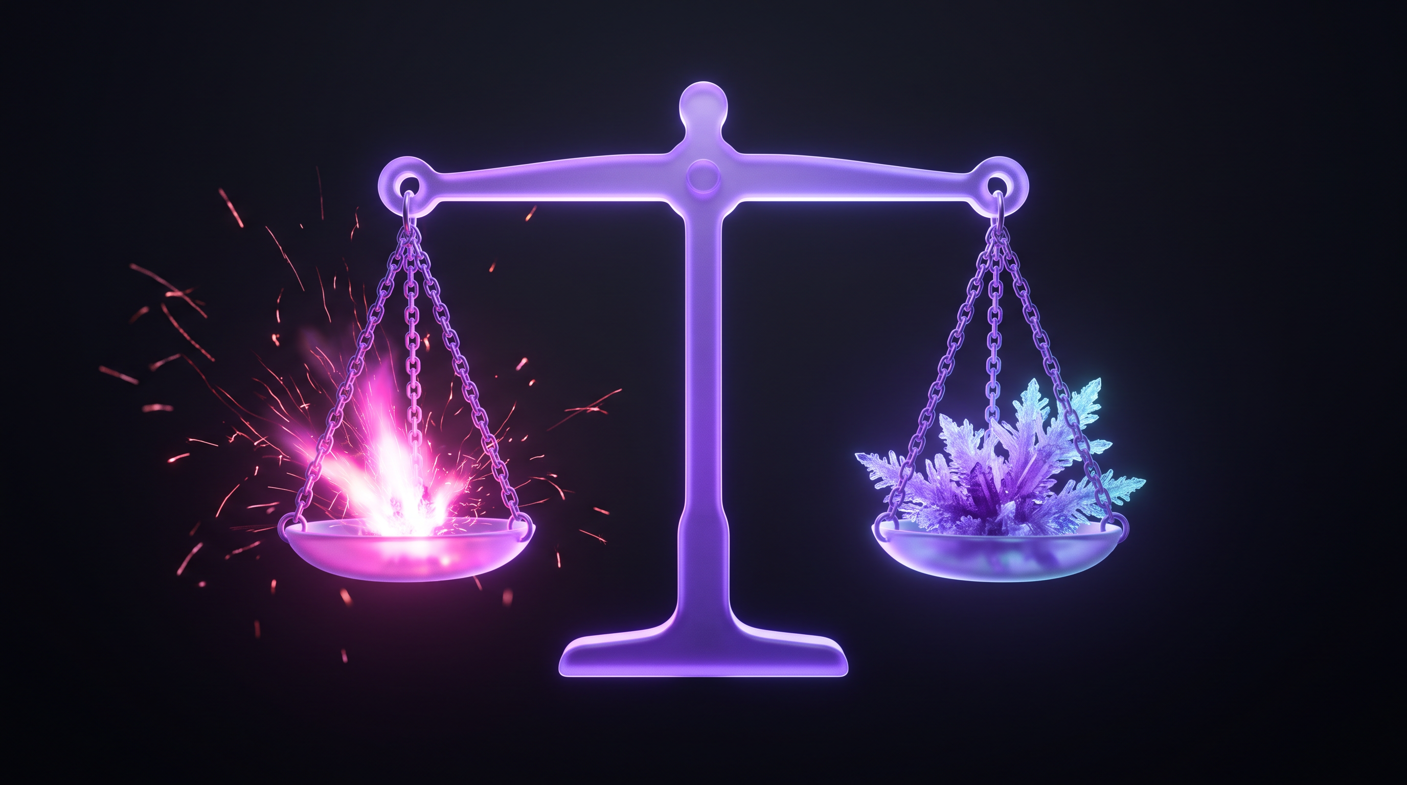 A violet glass balance scale, one pan holding a burst of hot pink sparks and the other holding a cluster of slow-growing violet crystals