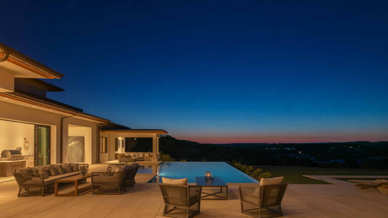 Modern luxury estate interior in Austin Texas with panoramic Hill Country windows