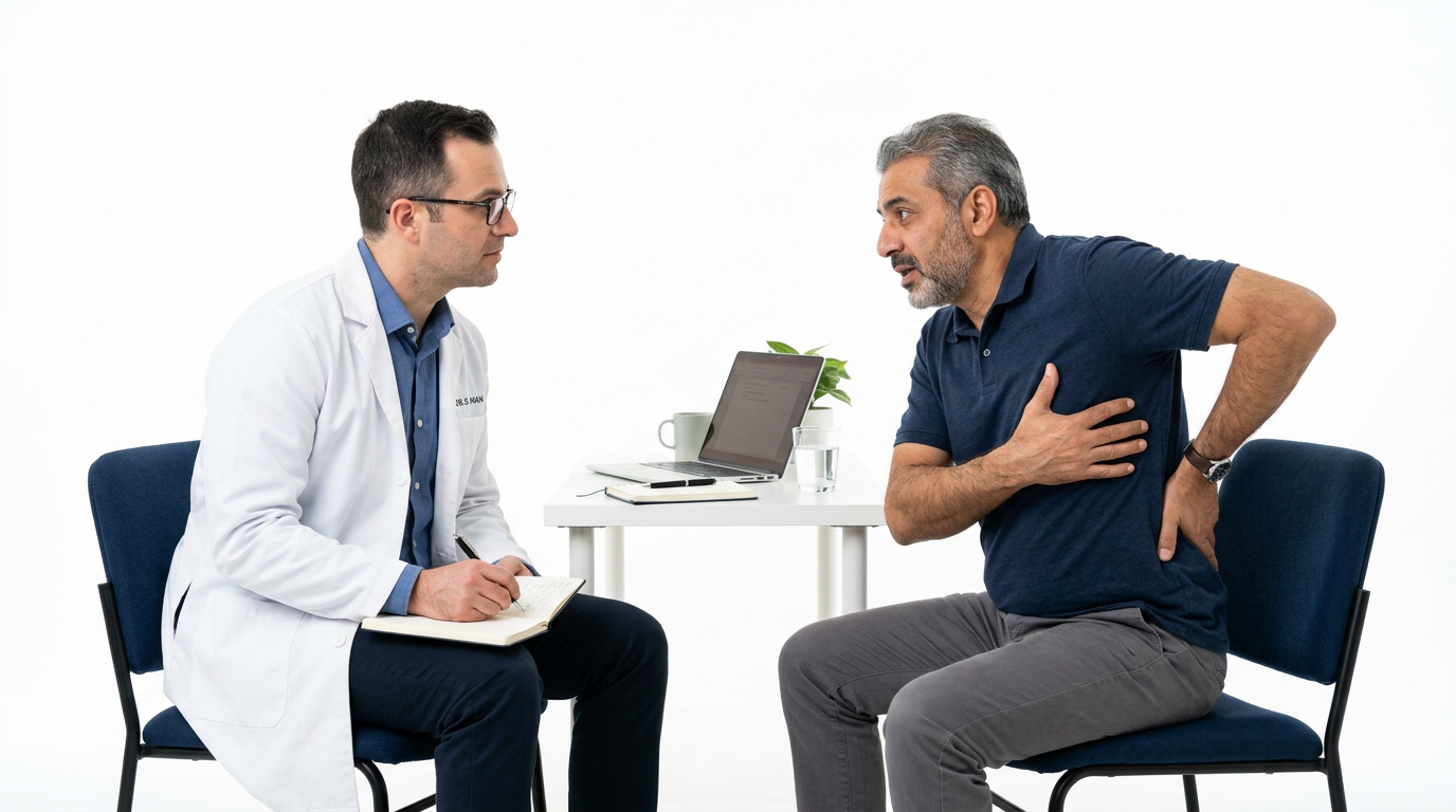 Clinician interviewing a seated patient who is gesturing to the middle of his back about mid-back flare-ups