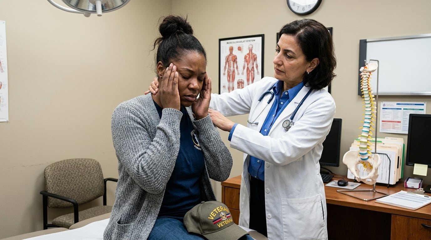 A woman veteran having her neck and cervical spine examined by a doctor for the source of her headaches