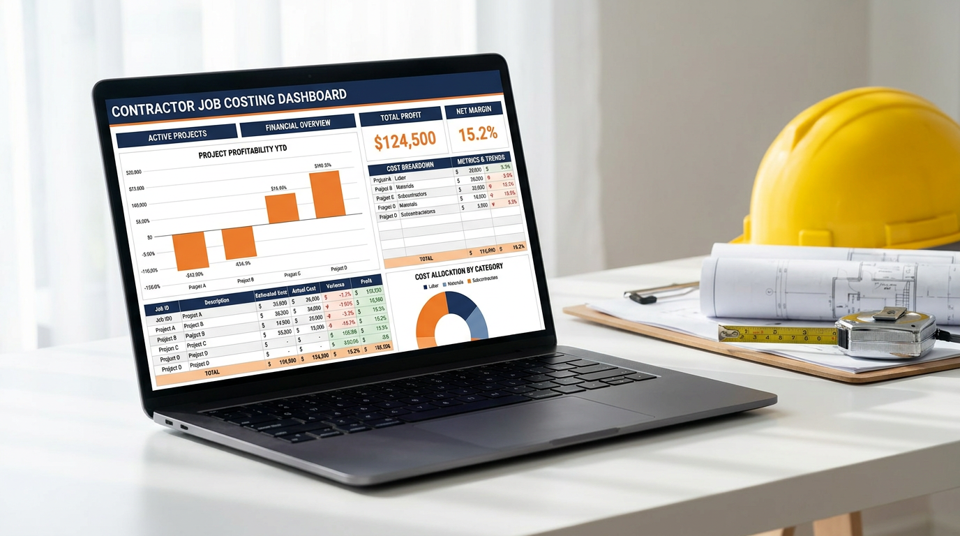 Contractor Job Costing Spreadsheet main mockup showing estimate builder, job cost tracker, and profit dashboard in Excel