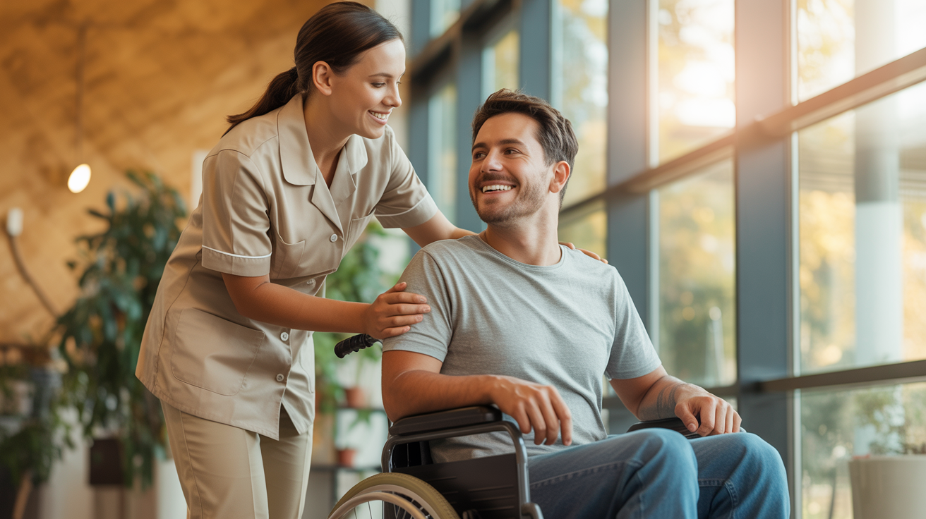 Profissional de saúde assistindo pessoa com necessidades especiais, ambos sorrindo