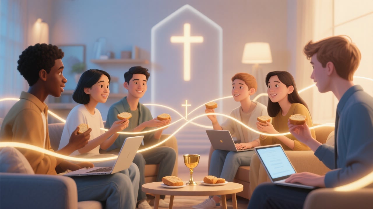 Online Holy Communion illustration with young diverse people