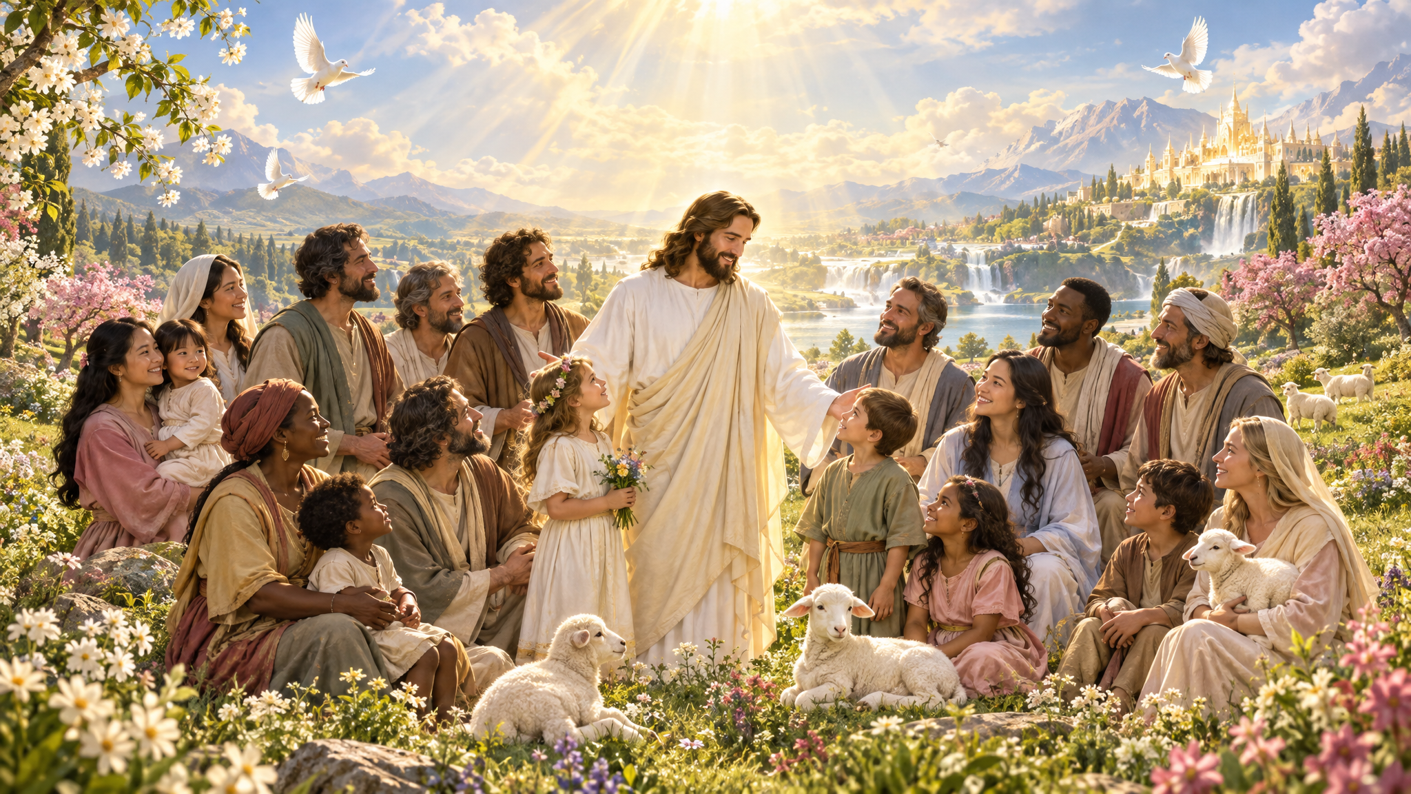 Jesús con sus discípulos y una comunidad de personas, niños y animales en un paraíso celestial