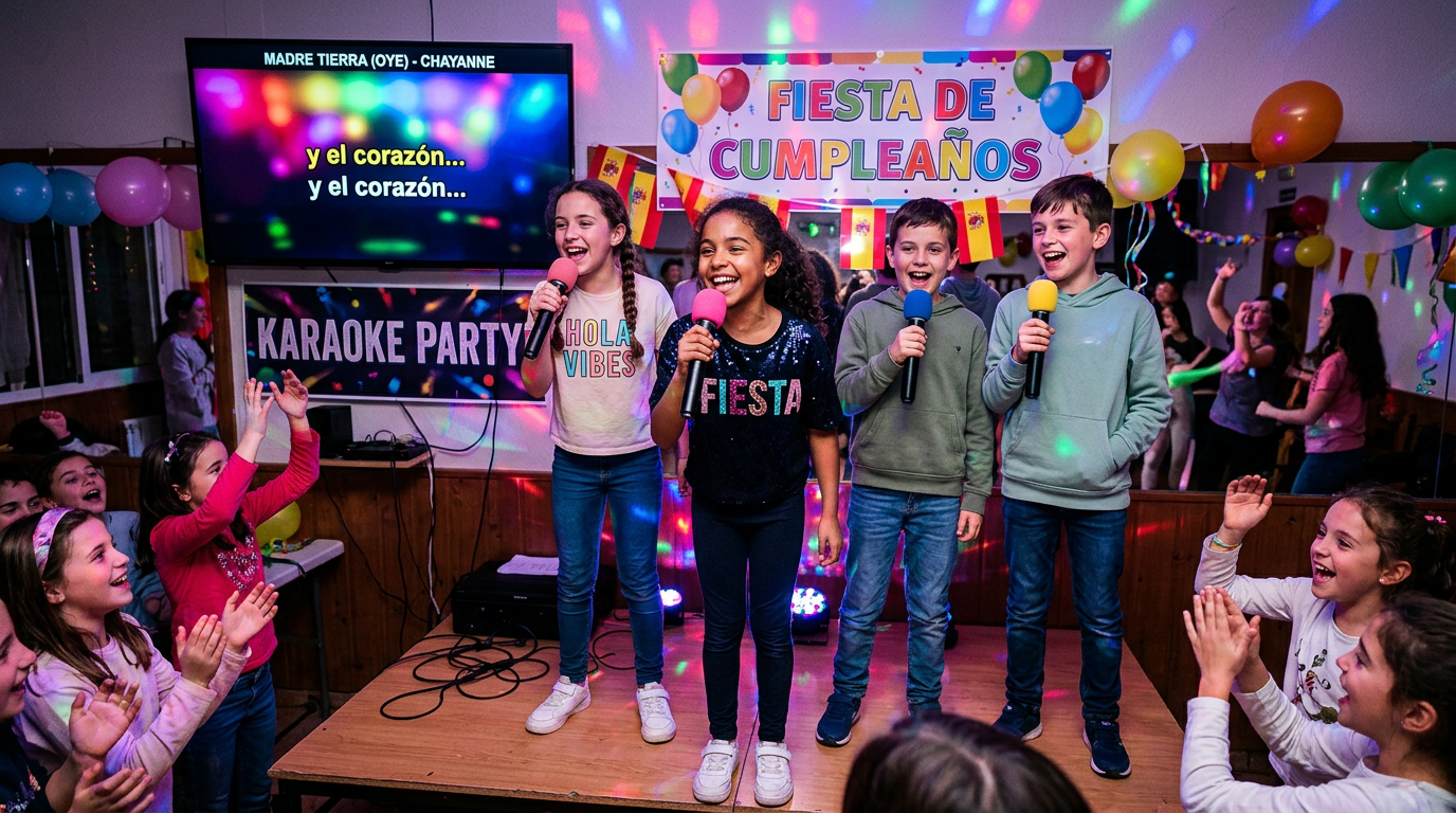 Niños cantando karaoke con luces de colores en una fiesta infantil