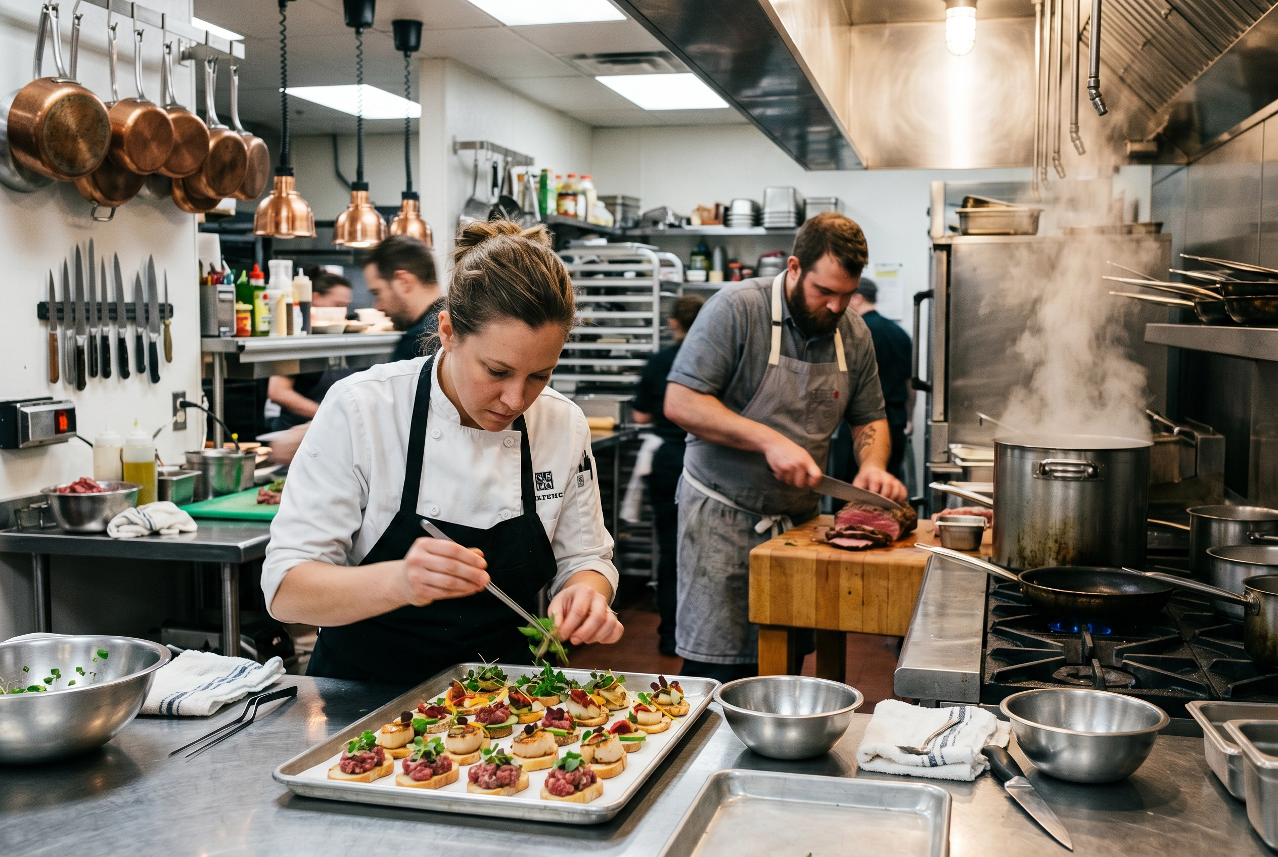Professional kitchen team preparing dishes