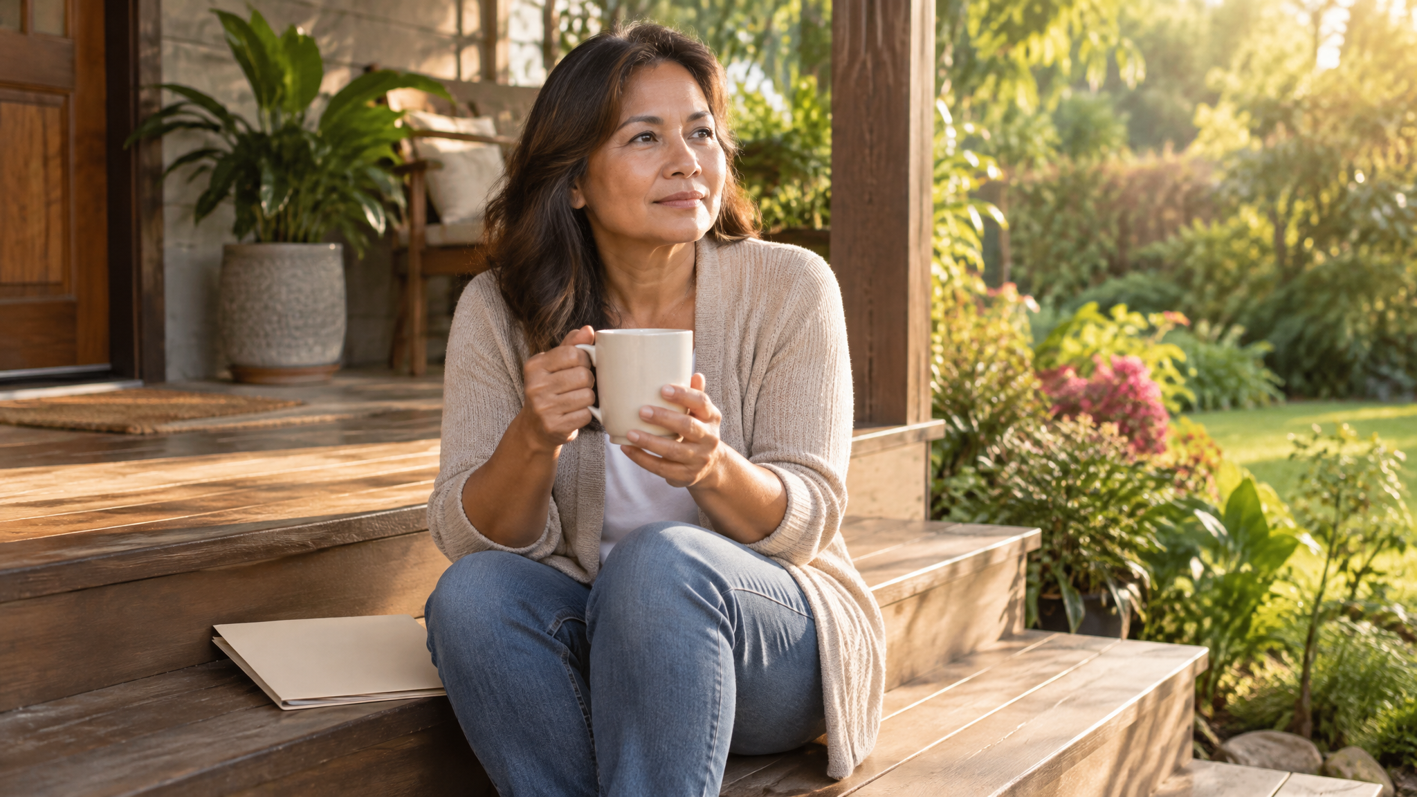 A woman veteran sitting on her porch steps in the morning with a coffee mug and a closed folder beside her