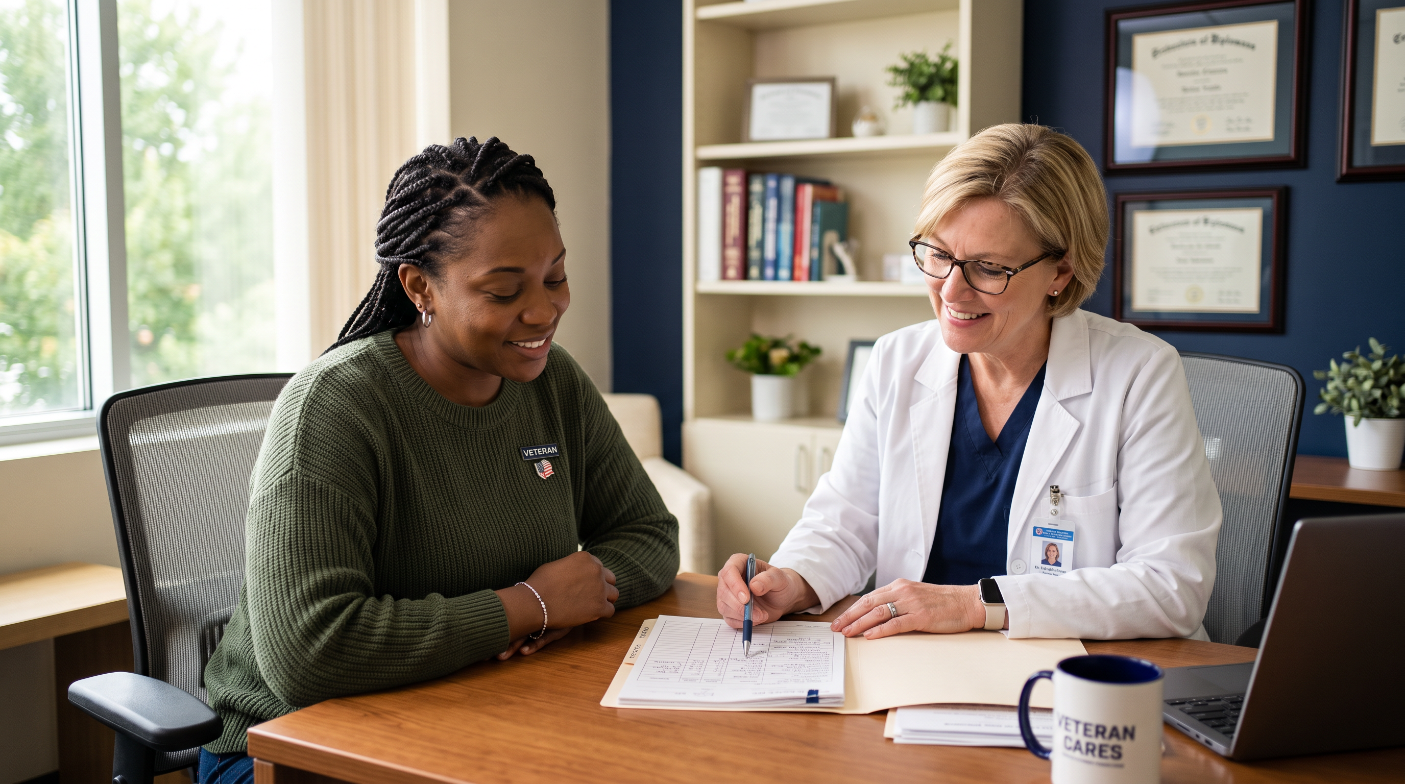 A woman veteran reviewing her health chart with a clinician in a supportive medical consultation