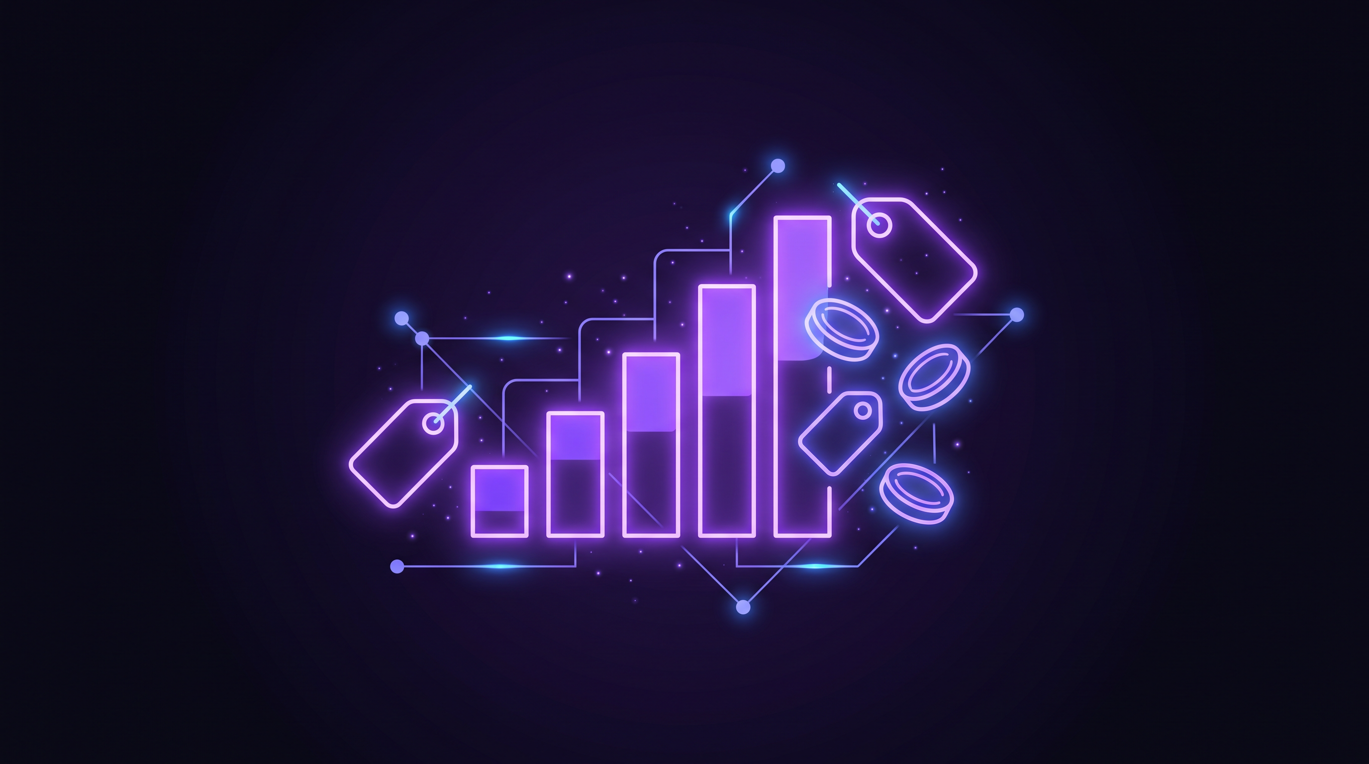 Purple neon bar chart rising beside floating price tags and stacked coins