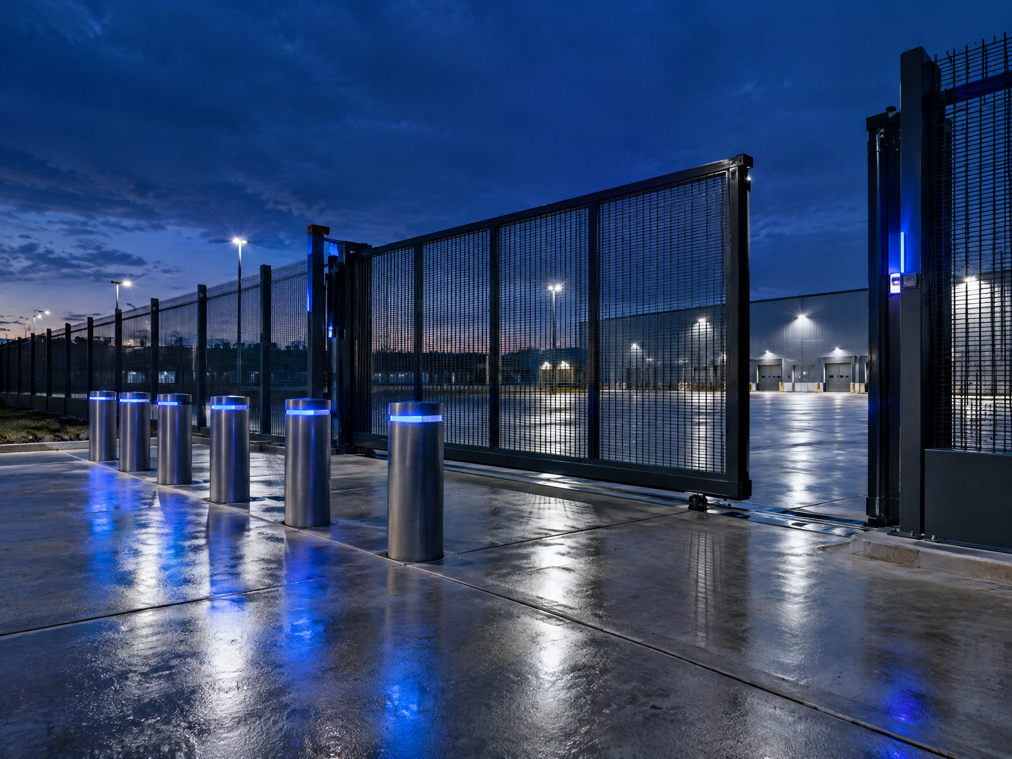Automated steel slide gate in an anti-climb security fence with crash-rated bollards at dusk