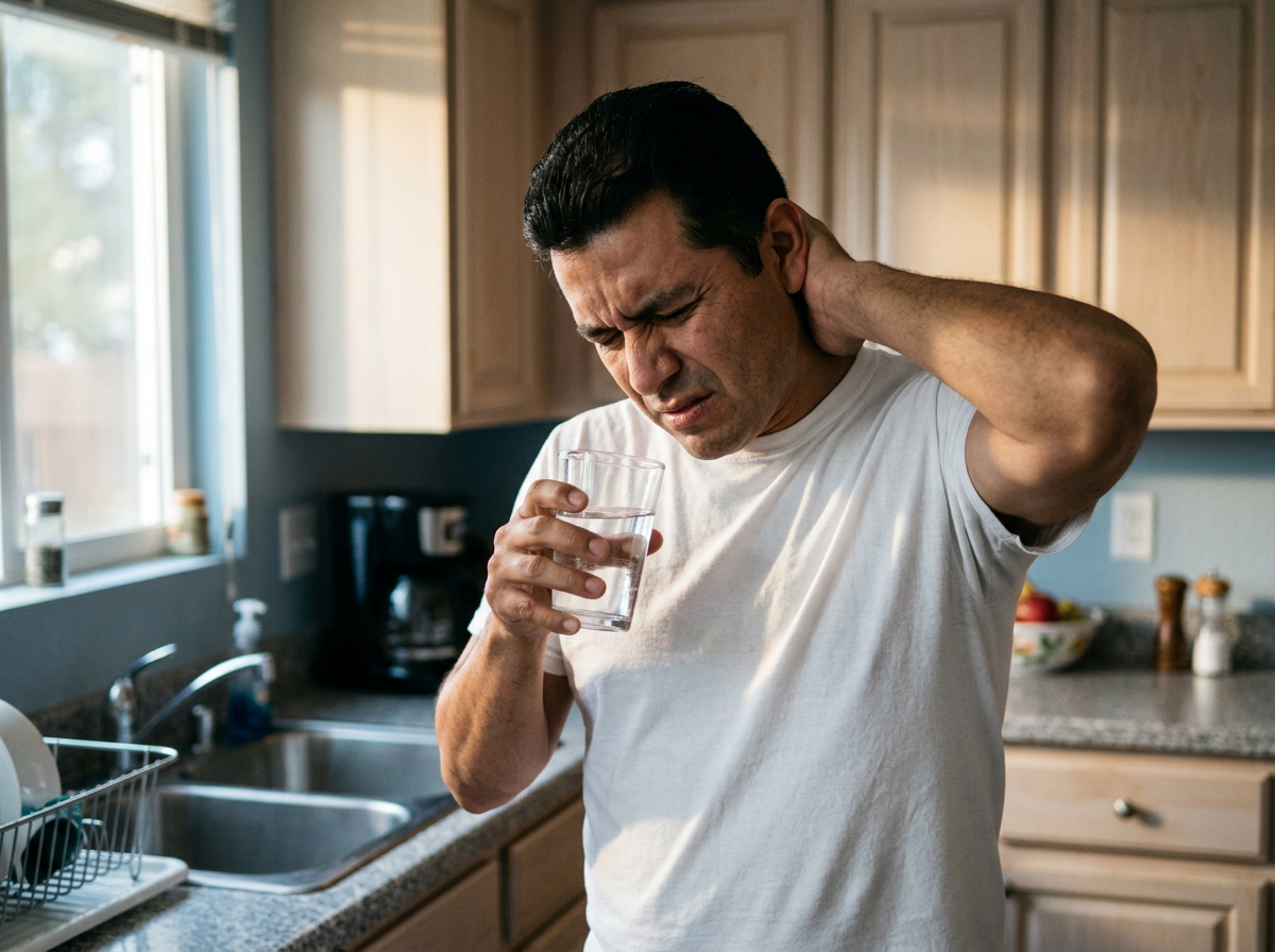 Hispanic male veteran in his 40s standing in his kitchen with one hand on the back of his neck and a pained expression from a hypertension headache