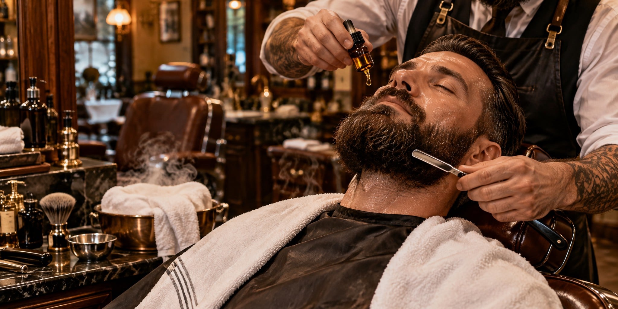 Homem recebendo barboterapia com toalha quente e navalha em barbearia moderna em Sorocaba