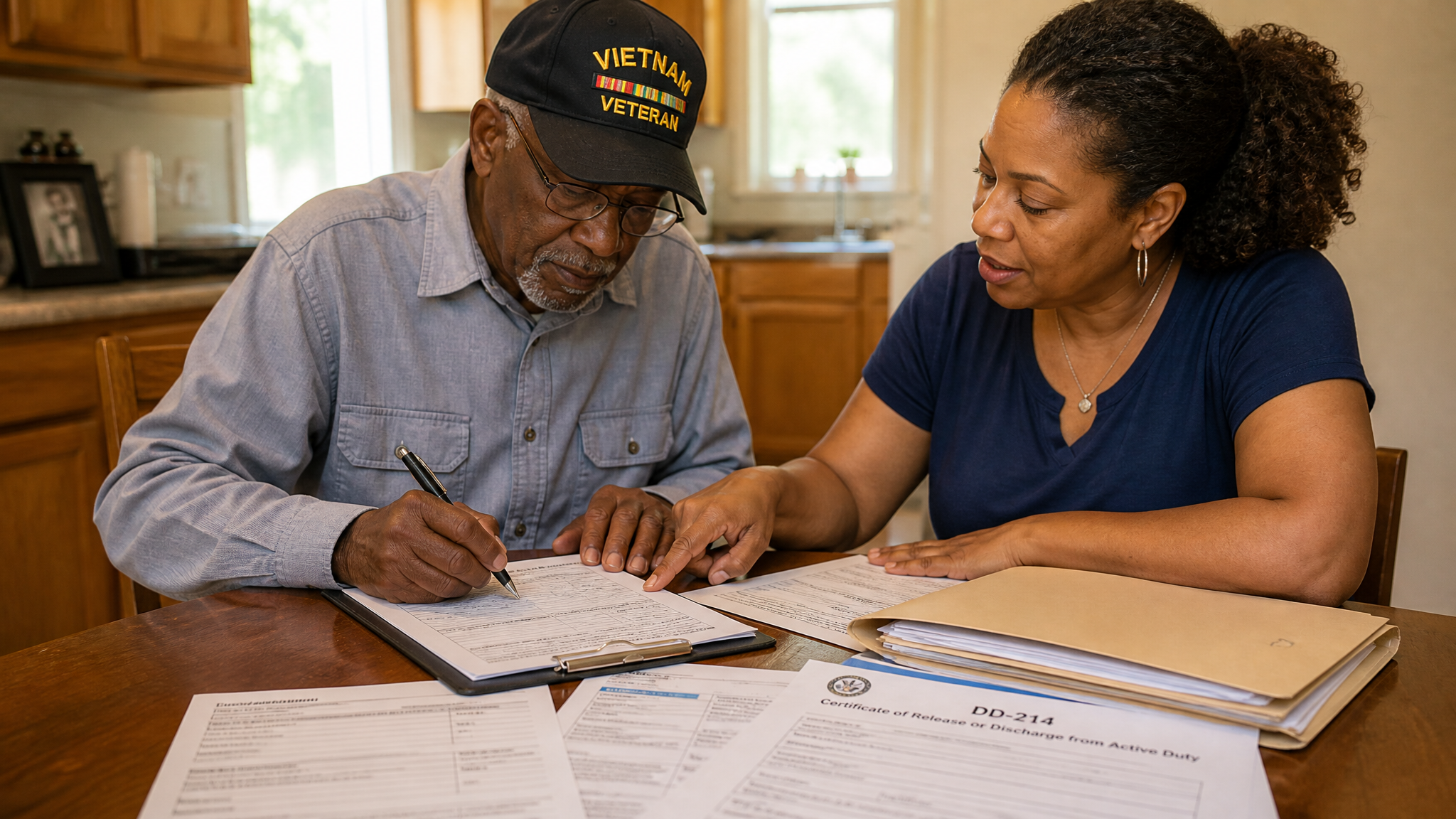 A senior African American male veteran and his adult daughter filling out VA claim paperwork together at the kitchen table