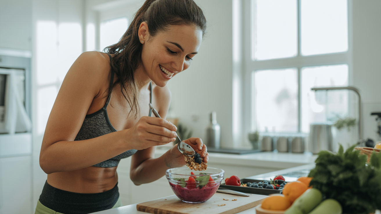 Healthy lifestyle - person preparing nutritious food in a bright Scandinavian kitchen
