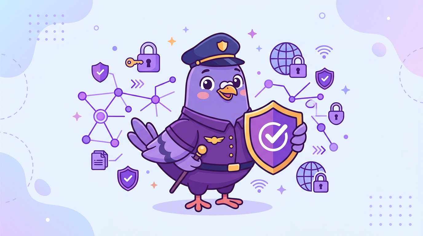Pigeon mascot dressed as a friendly guard holding a shield with a checkmark
