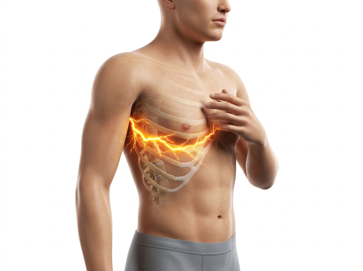 Illustration of a blue x-ray-style torso with a bright electric burst of pain radiating along one intercostal nerve