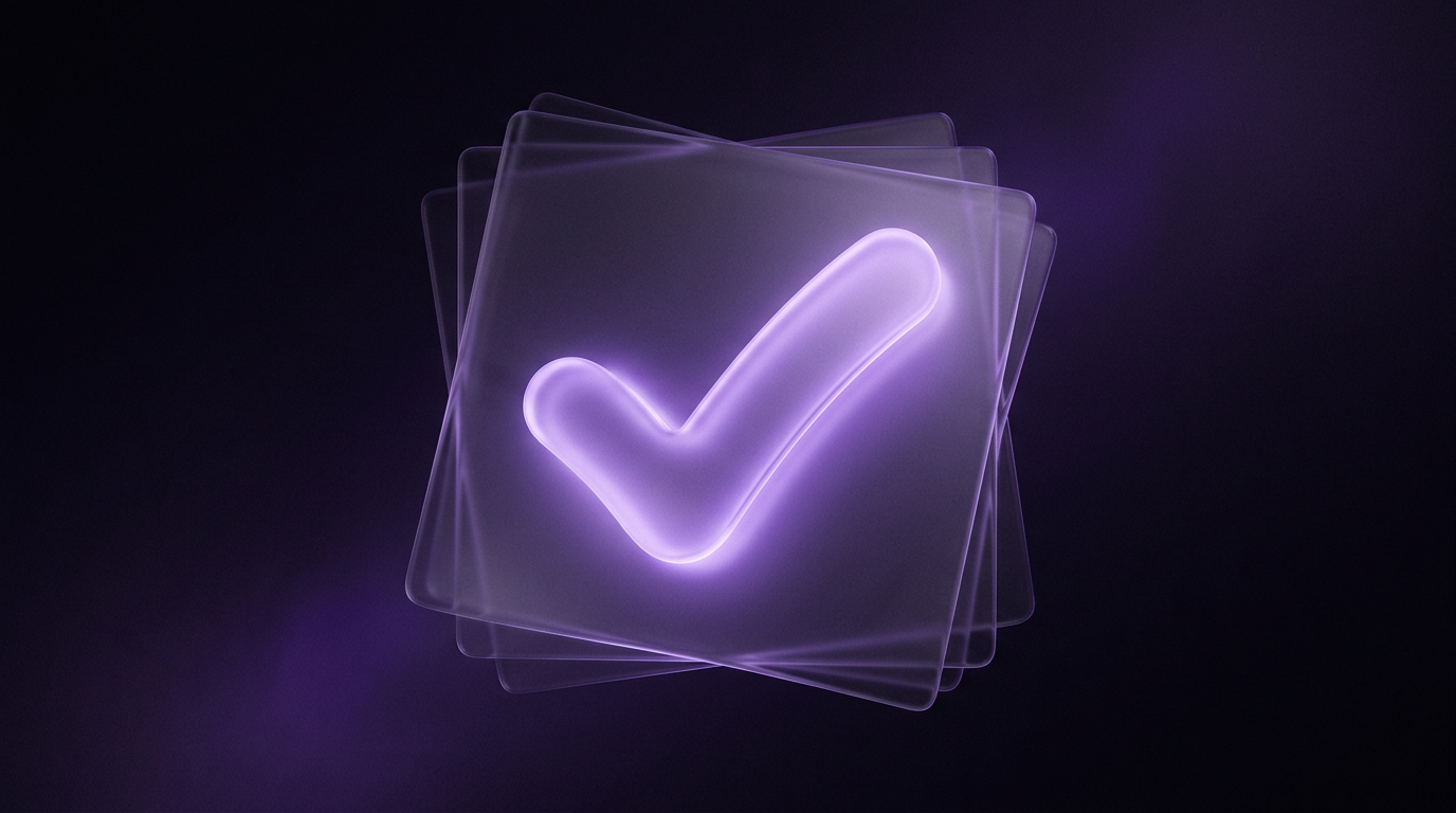 An abstract glowing violet shield rendered in frosted glass with layered translucent panels behind it, representing inspection, roadworthiness and trust in a high-value business asset