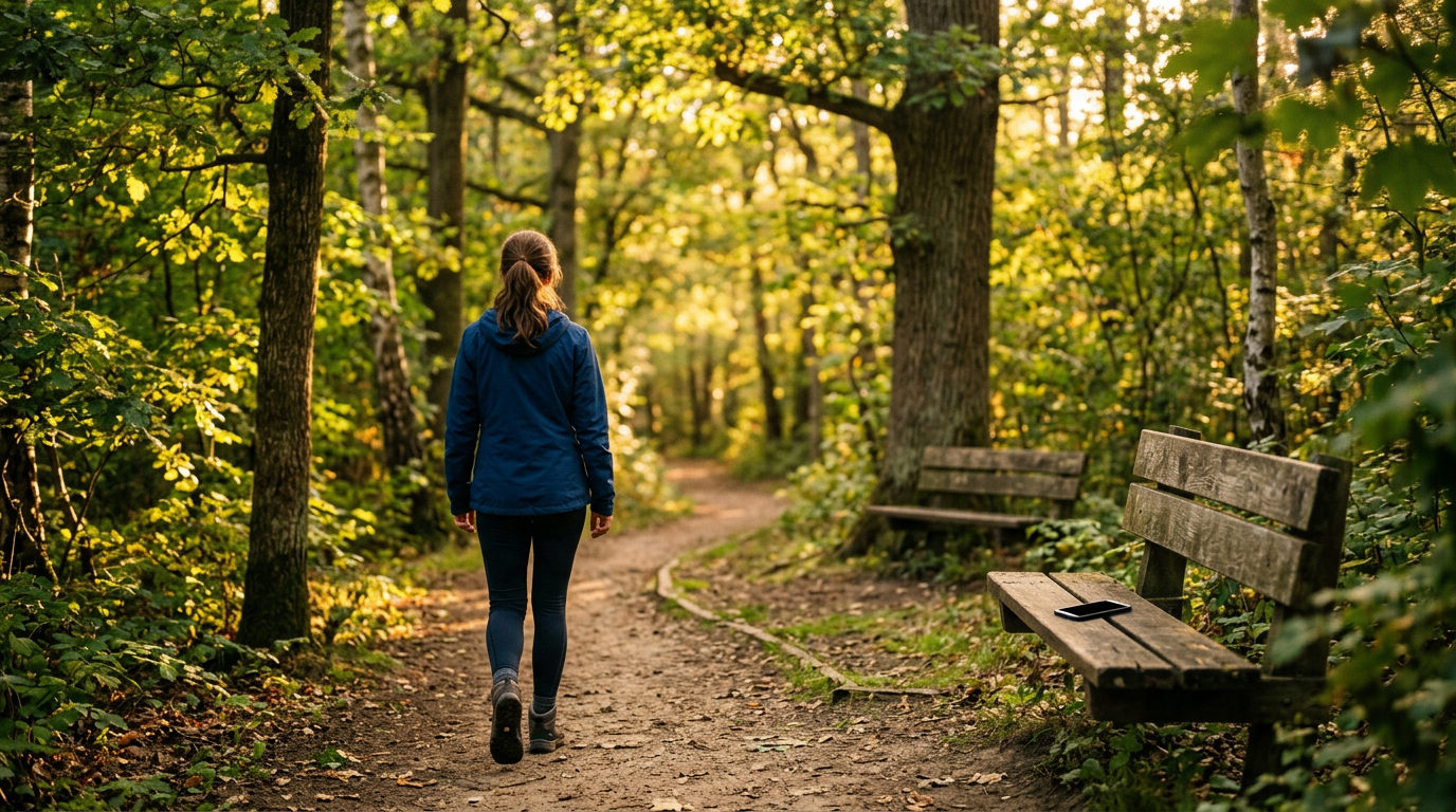 Pessoa caminhando em trilha na natureza deixando o celular para trás