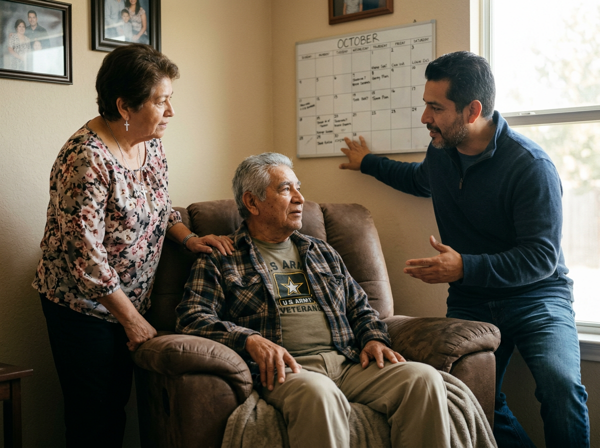 A veteran’s wife and adult son planning who will help on which days