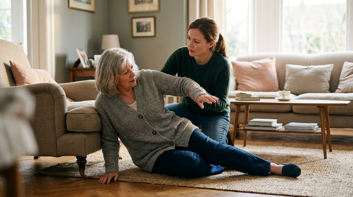 Photograph of a fallen adult on the floor at home being helped up by a family member after losing their footing
