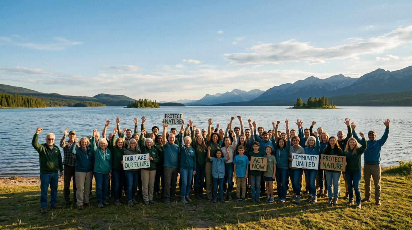 A large, diverse multi-generational community of volunteers gathered together outdoors by a lake, cheering in unity