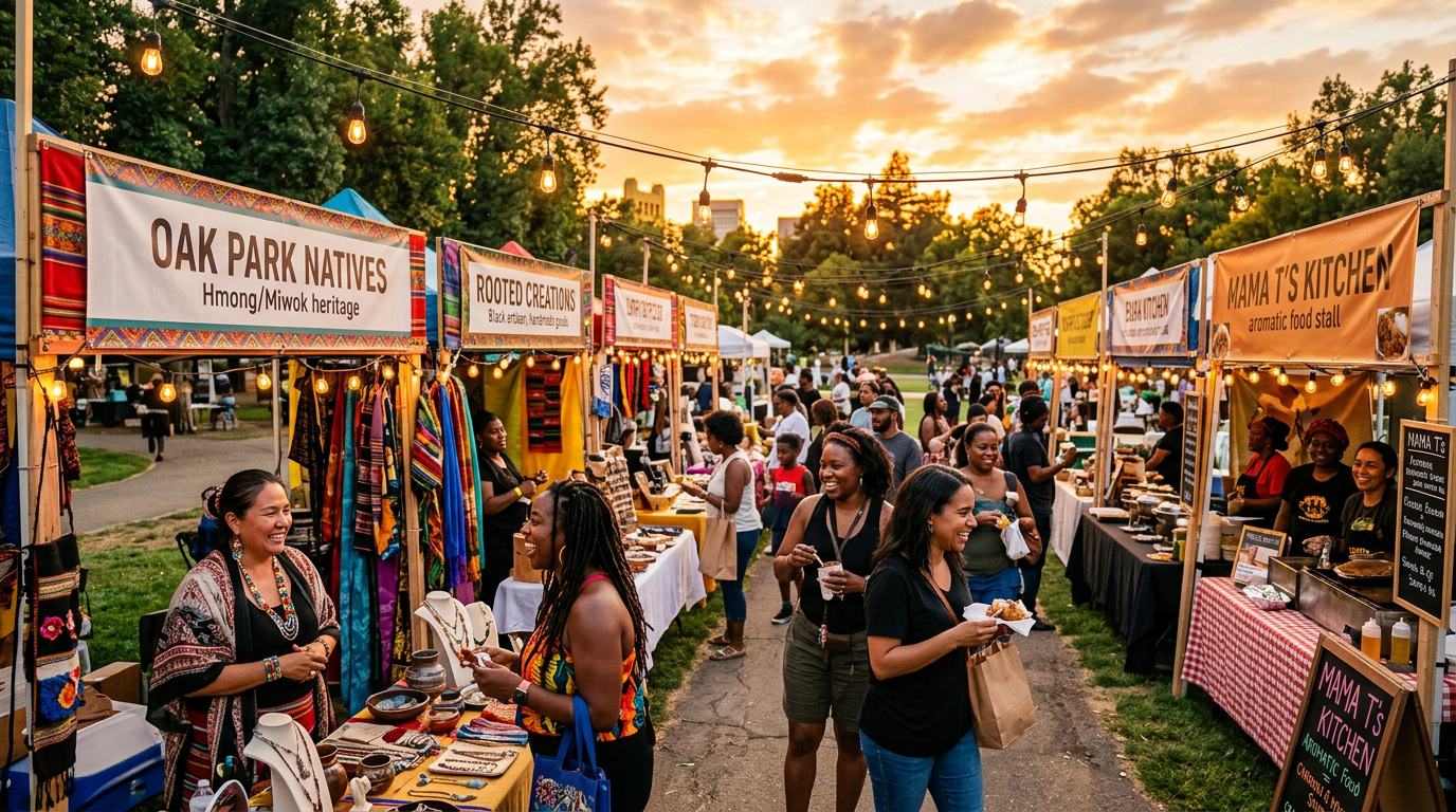 Community pop-up market with melanated and Indigenous vendors at golden hour