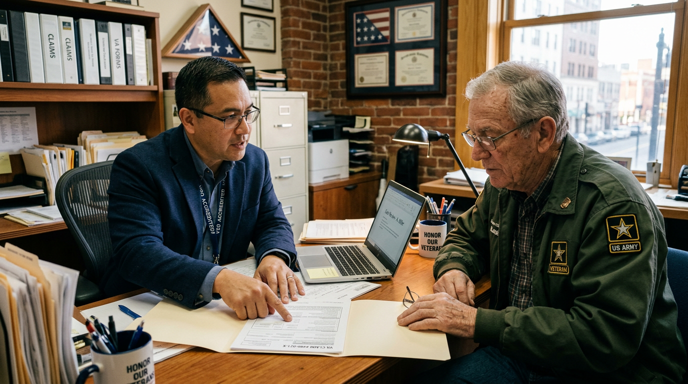 A VA-accredited claims agent sitting with a veteran, reviewing claim paperwork together at a table