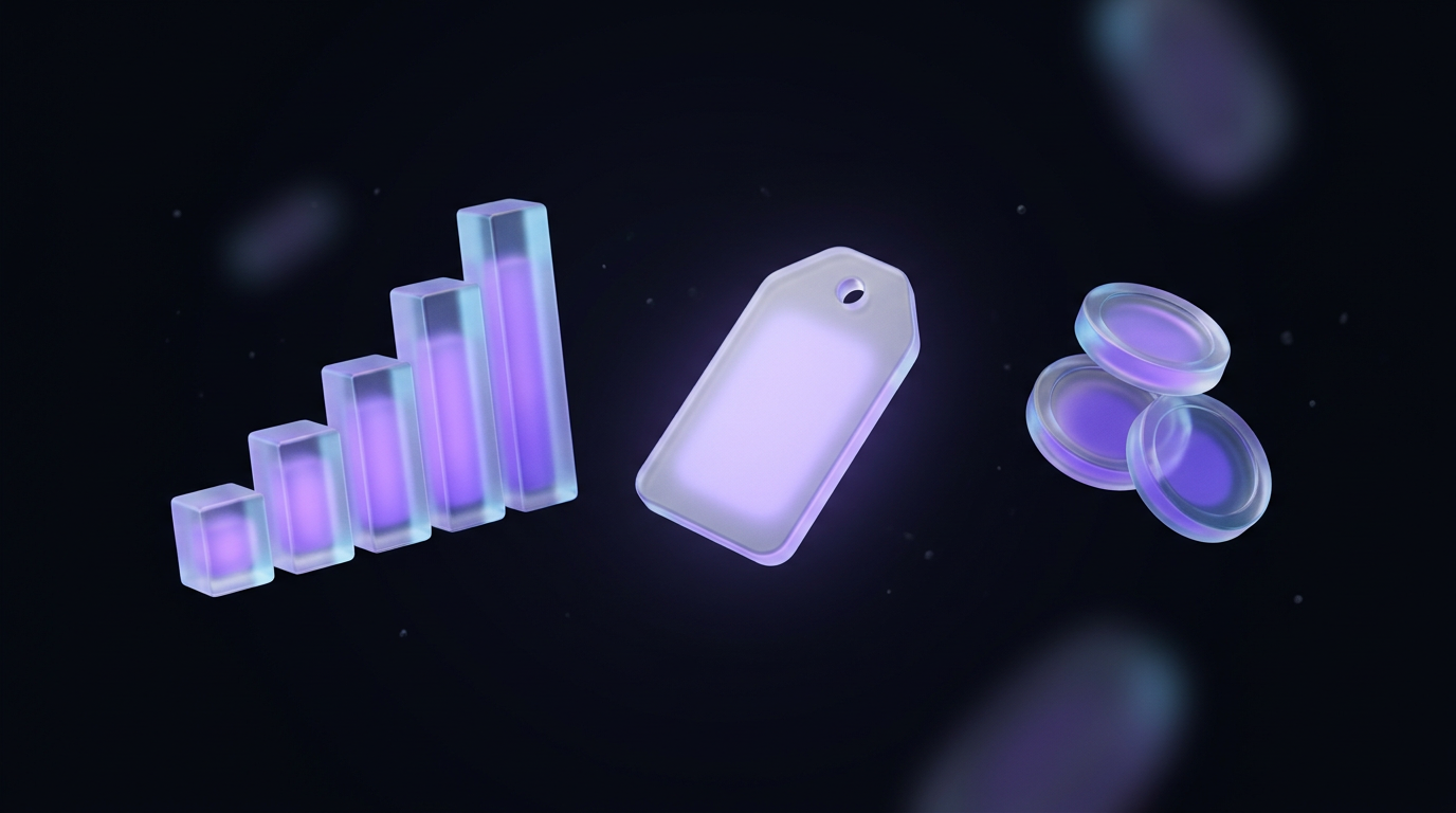 A frosted glass bar chart of rising violet bars floating in the dark beside a softly glowing blank price tag and a small stack of translucent glass coins