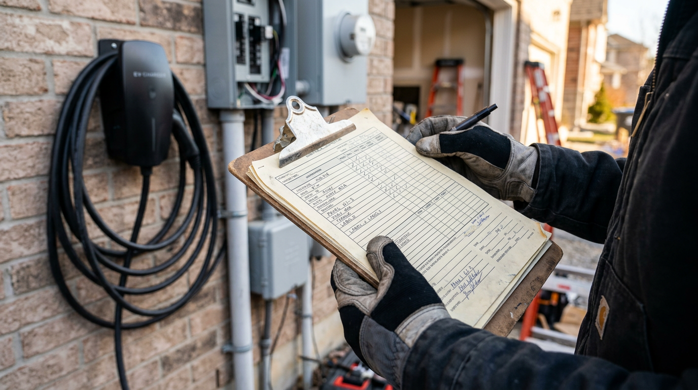 Technician holding an electrical inspection checklist at an EV charger install site