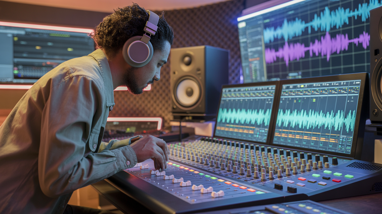 Professional studio engineer working on mastering with high-end equipment