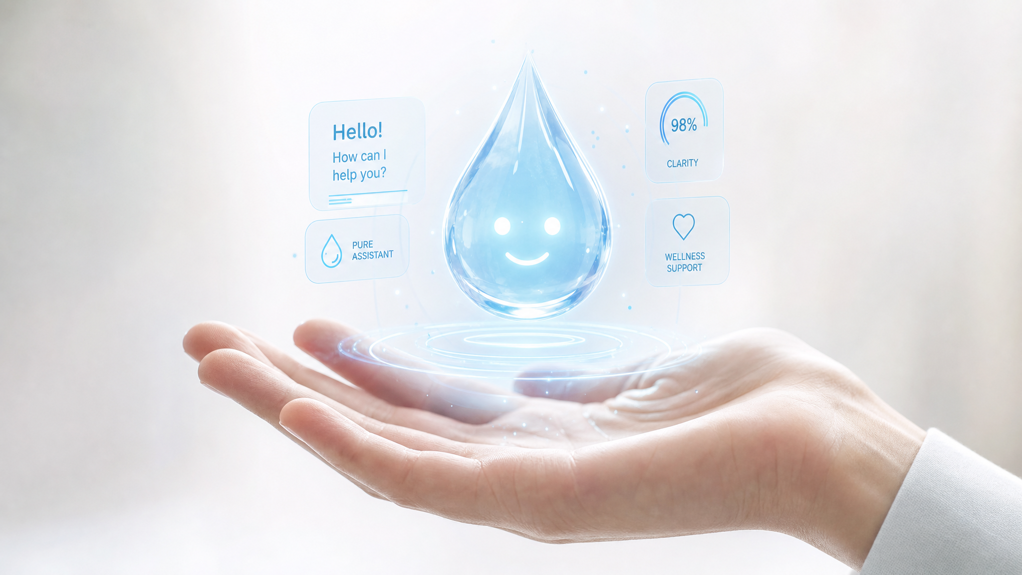 A glowing water-droplet AI concierge assistant floating above an open hand