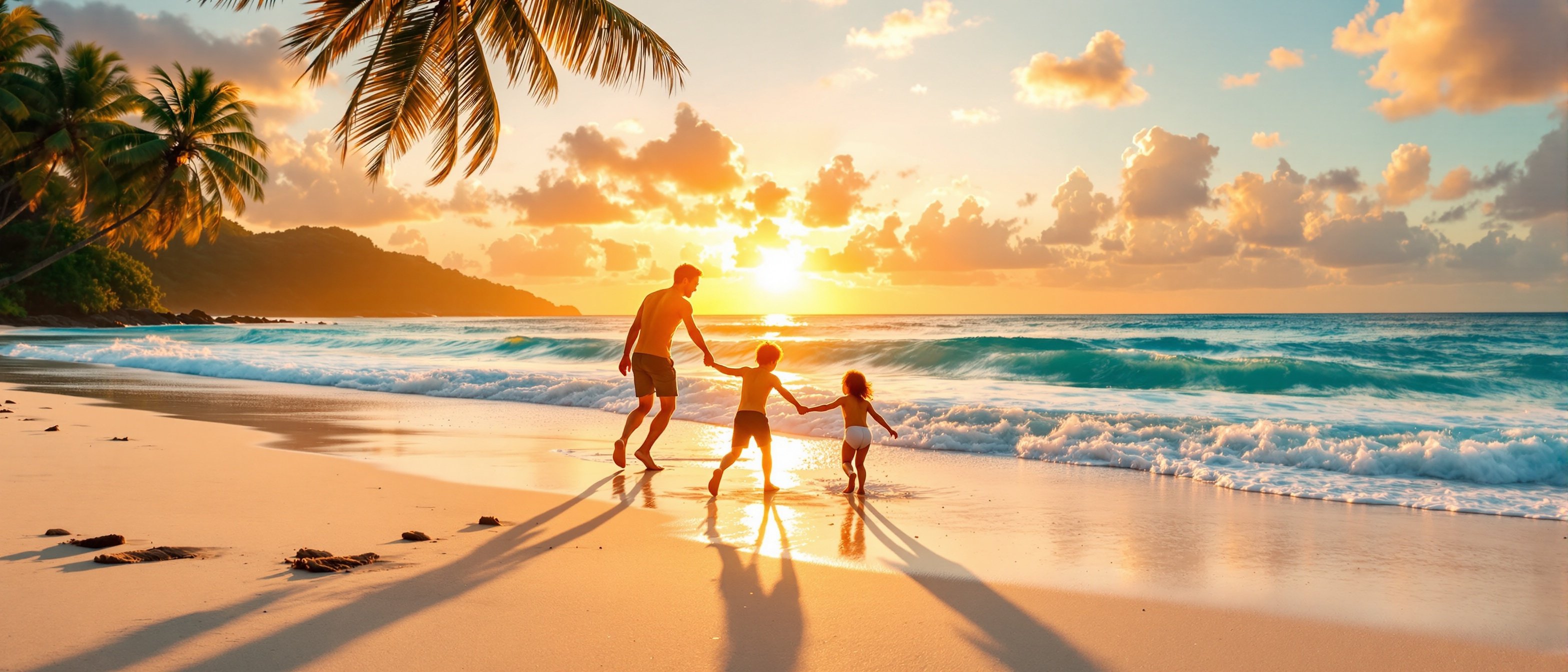 Family enjoying Phuket beach at sunset