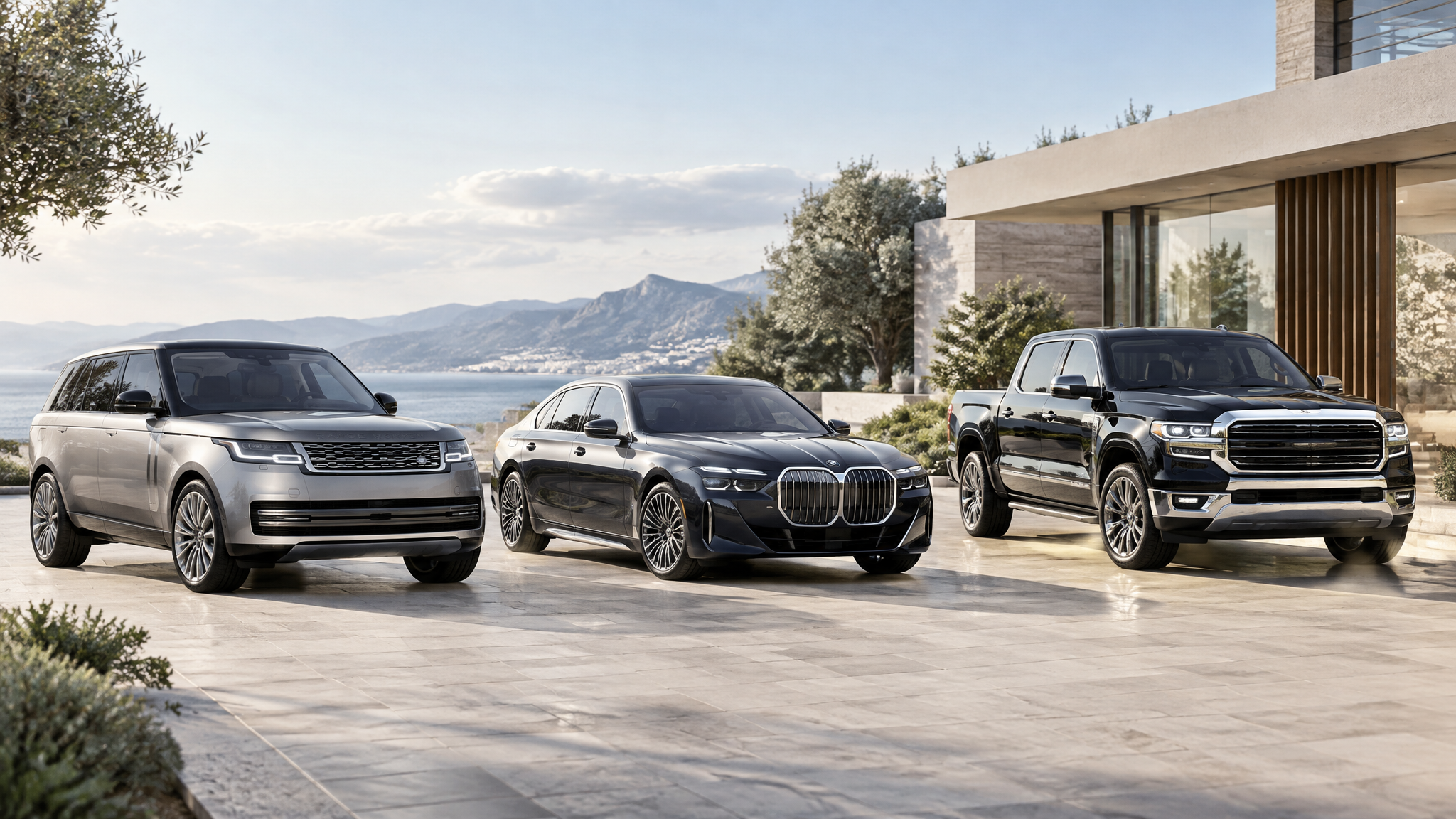 Illustrative luxury SUV, sedan, and truck in a bright architectural setting