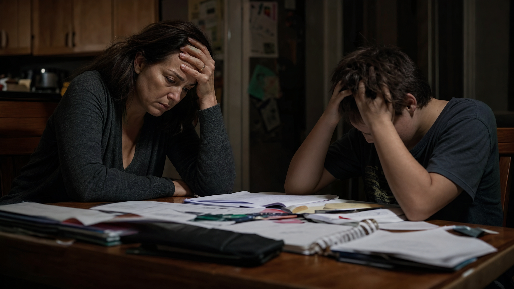 Stressed parent and frustrated teen struggling with homework