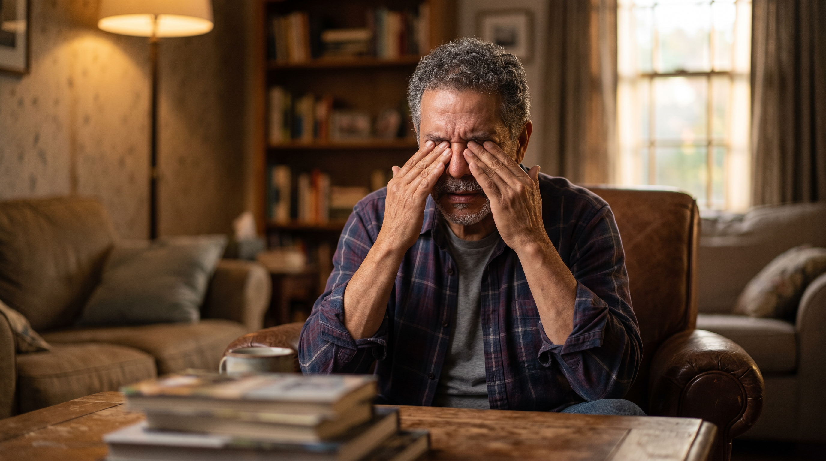 Hispanic male veteran rubbing his eyes showing pain and frustration from chronic eye strain