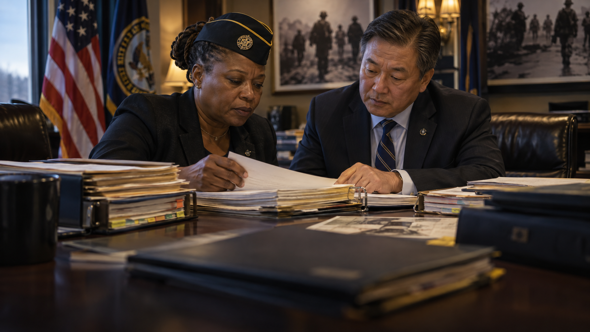 A veteran and her advocate working through stacks of tabbed claim binders and decades of records