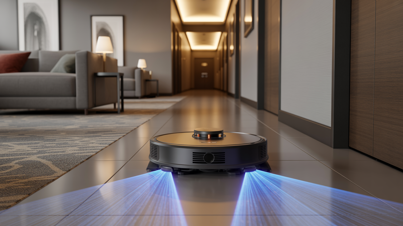 Cleaning robot with UV sanitization in hotel hallway