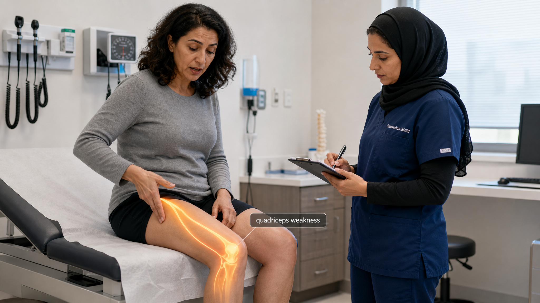 Middle-Eastern woman veteran in her 40s gesturing to the front of her thigh describing weakness while a clinician takes notes, warm amber femoral-nerve glow down the front of the thigh with a quadriceps weakness label