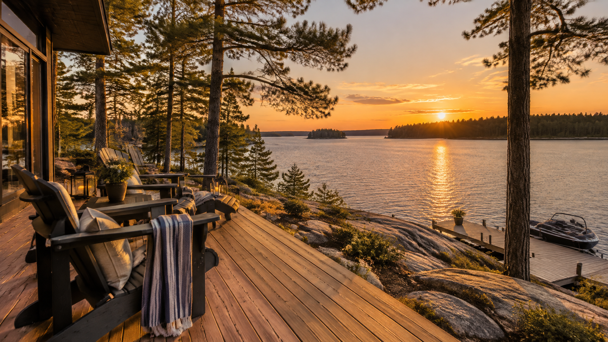 Custom cedar deck on the shore of a Muskoka lake at golden hour with pine trees and calm water