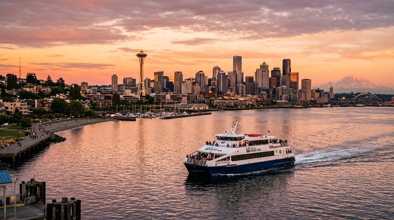 The King County Water Taxi crossing Elliott Bay at golden hour with the downtown Seattle skyline behind it — the scenic commute West Seattle offers Amazon employees