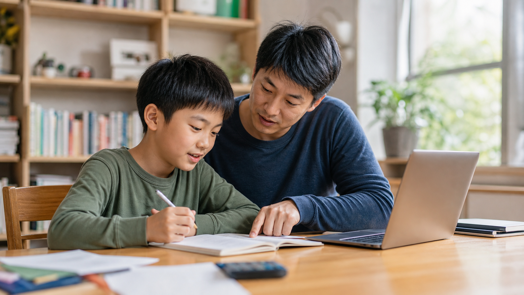 Parent and elementary-age child comparing tutoring options together at a table with a notebook and laptop