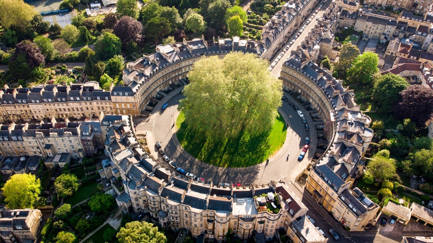 Aerial view of Bath city showing the iconic Georgian architecture and Bath stone buildings